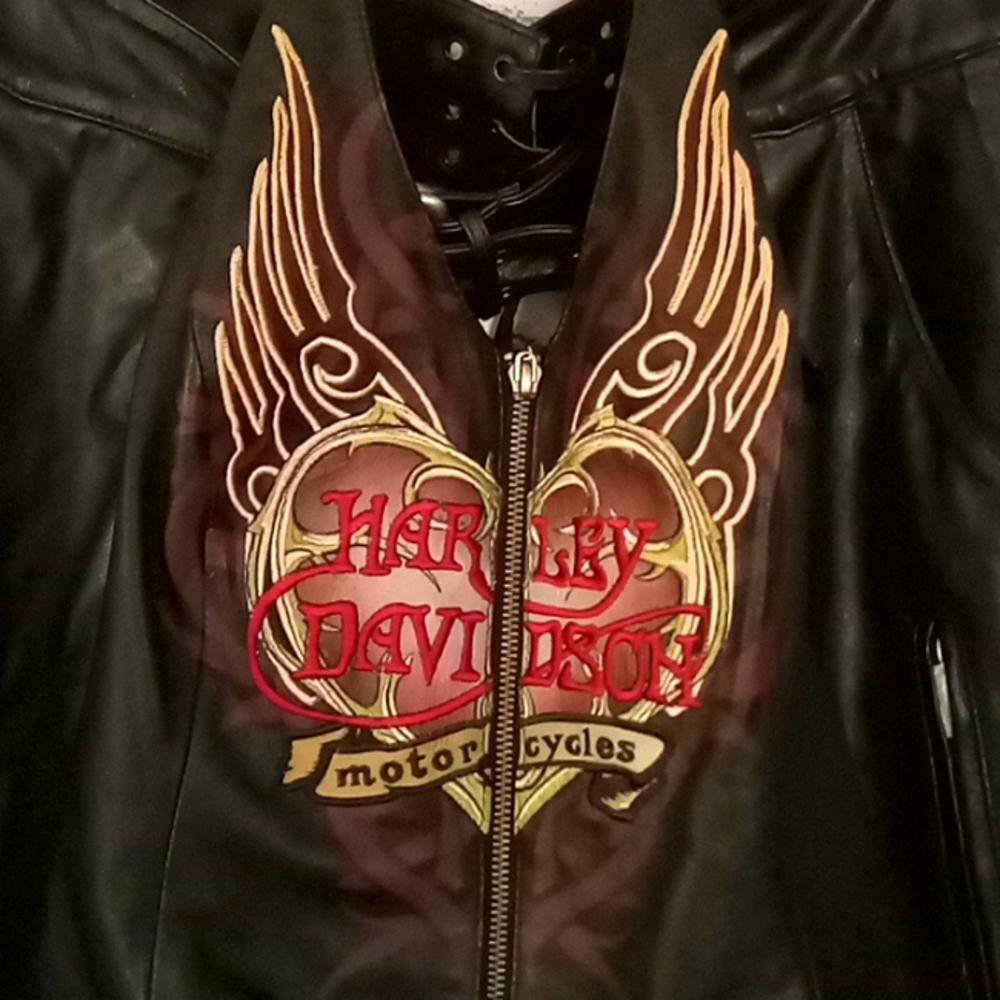 Black leather Harley-Davidson chaps and a black Harley-Davidson halter top